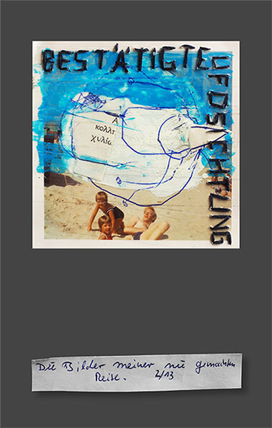 Vater mit zwei Kindern am Strand in der Sonne. Bildunterschrift: Die Bilder meiner nie gemachten Reise.